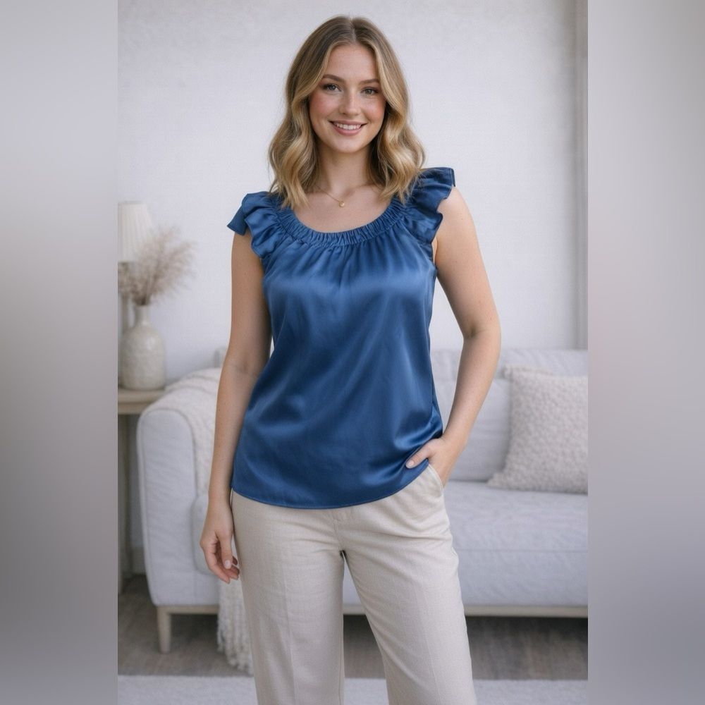 Banana Republic 100% Silk Tank Top Blue Ruffle Size S Fall 09